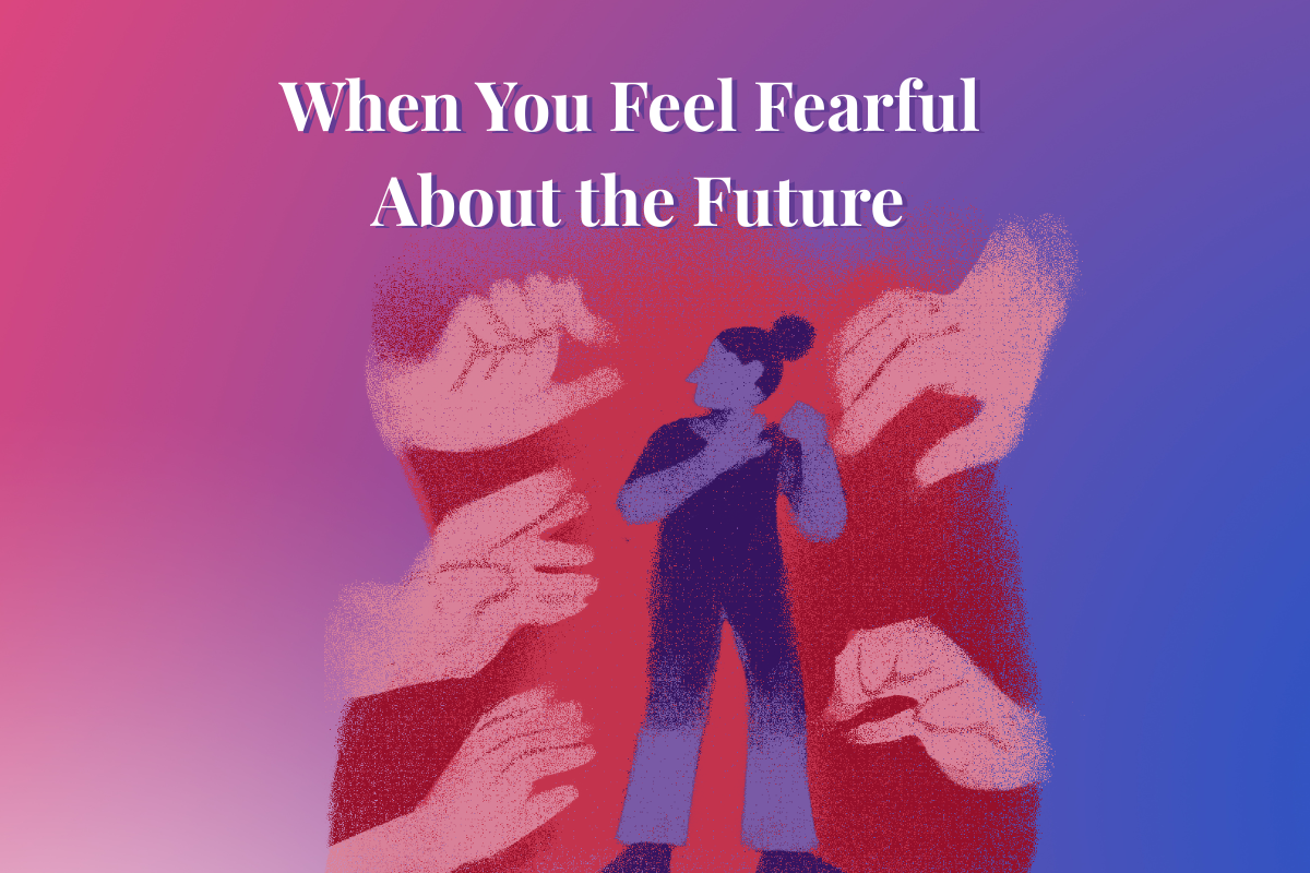 Woman Feeling Fearful About the Future as giant hands grab at her